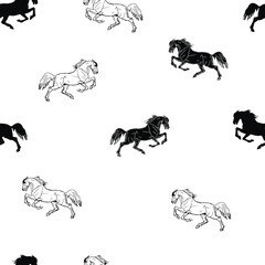 seamless monochrome  horse background, ink drawing, silhouettes and contours, and white color background