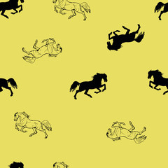 seamless monochrome halophilic horse background, ink drawing, silhouettes and contours, and white color background