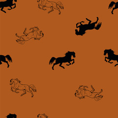 seamless monochrome halophilic horse background, ink drawing, silhouettes and contours, and white color background