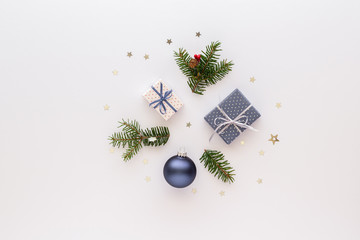 Christmas composition.Stars gift box and christmas ball top view background with copy space for your text. Flat lay.