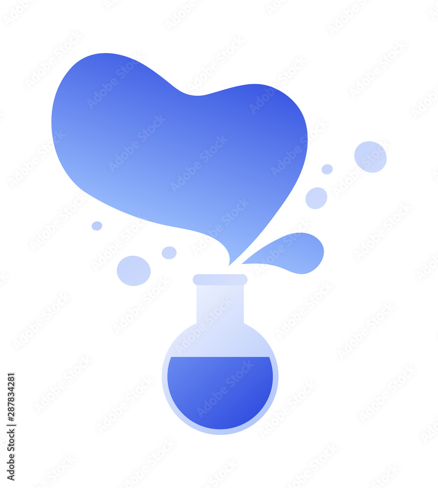 Poster vector flat science icon illustration. blue gradient flask with liquid isolated on white background.