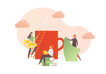 Vector flat hello autumn illustration. Small female characters around cup of hot drink, blanket and pile of book. Design element for banner, poster, advertisment, web
