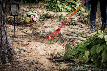 Woman cleaning loved ones grave plot with rake, maintenance services of a plot in a cemetery concept.