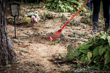 Woman cleaning loved ones grave plot with rake, maintenance services of a plot in a cemetery...