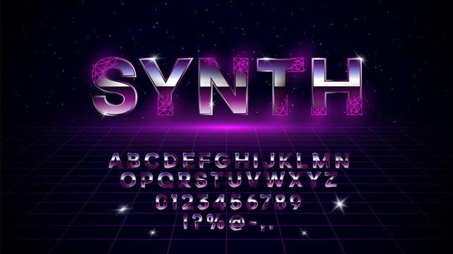 Retrowave synthwave vaporwave font in 1980s style. Retrowave design letters, numbers, symbols with polygonal laser grid and set of lens flare. Eps 10
