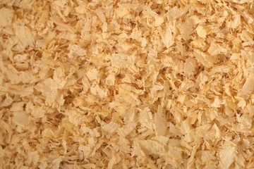 Pine wood shavings, used as pet bedding and litter. Texture detail.