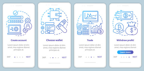 Cryptocurrency trading platform onboarding mobile app page screen with linear concepts. Crypto exchange service walkthrough blue gradient graphic instructions. UX, UI, GUI template with illustrations