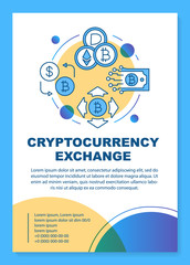 Cryptocurrency exchange service poster template layout. Crypto mining. Virtual money transaction. Banner, booklet, leaflet print design with icons. Vector brochure page layouts for magazines, flyers