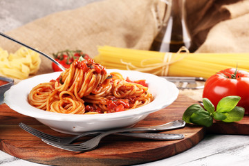 Plate of delicious spaghetti Bolognaise or Bolognese with savory minced beef and tomato sauce garnished with parmesan