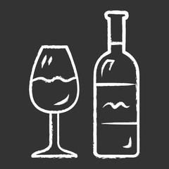 Wine chalk icon. Bottle and classic footed glass with wine. Vine tasting. Alcoholic beverage from fermented grapes or fruits. Drink for dinner and party. Isolated vector chalkboard illustration
