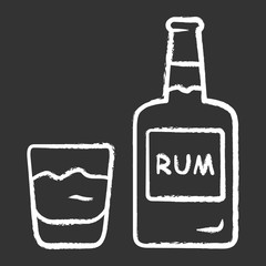 Rum chalk icon. Bottle and old-fashioned glass with alcoholic drink. Alcohol bar beverage consumed for cocktails. Isolated vector chalkboard illustration