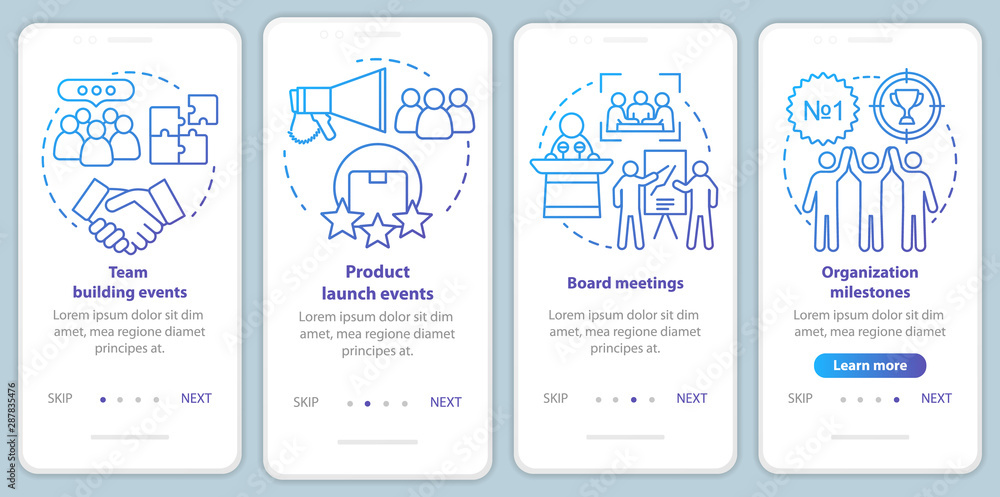 Poster corporate event management services onboarding mobile app page screen with linear concepts. team bui