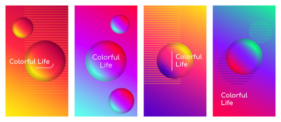 Colorful life social media stories duotone template set. Optimistic and positive thinking quote gradient web banner with fluid 3d shapes. Modern mobile app organic design. Blending colors mockup pack