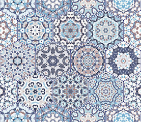 Seamless hexagonal mosaic tiles in vector set. Oriental and ethnic motifs in design patterns.