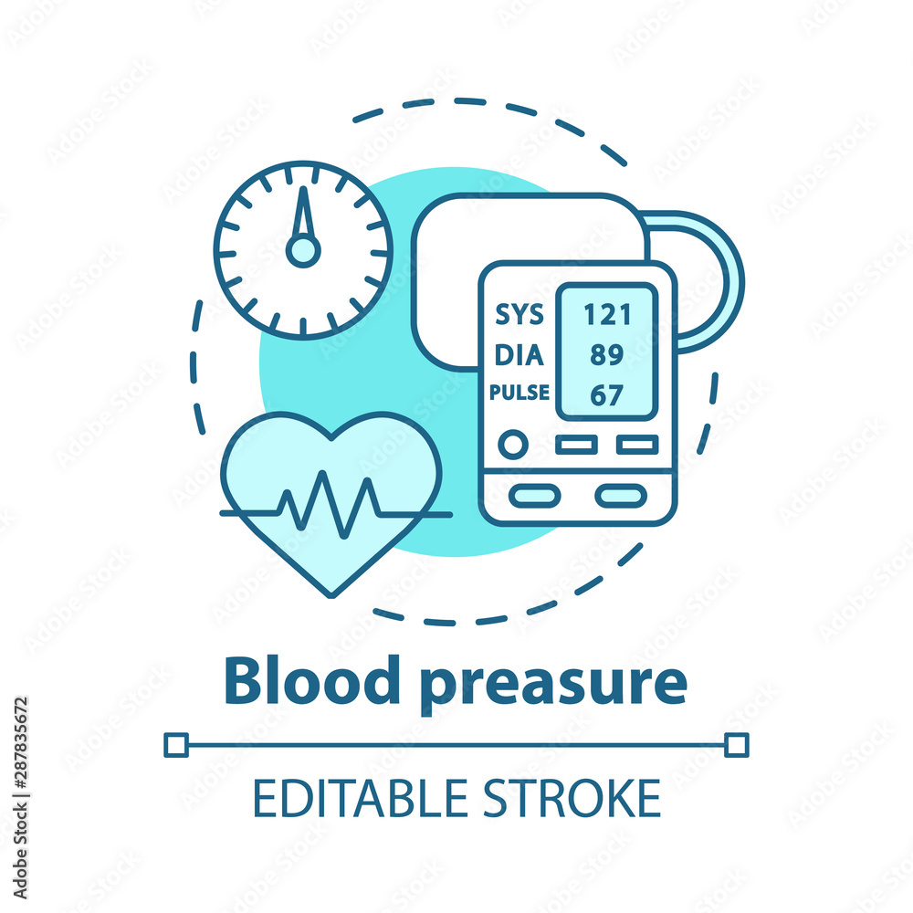 Aufkleber blood pressure control device concept icon. heart condition monitoring idea thin line illustration. 