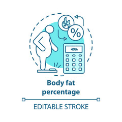 Body fat level control concept icon. Overweight patient on scales idea thin line illustration. Person suffering from obesity. Fat percent calculator. Vector isolated outline drawing. Editable stroke