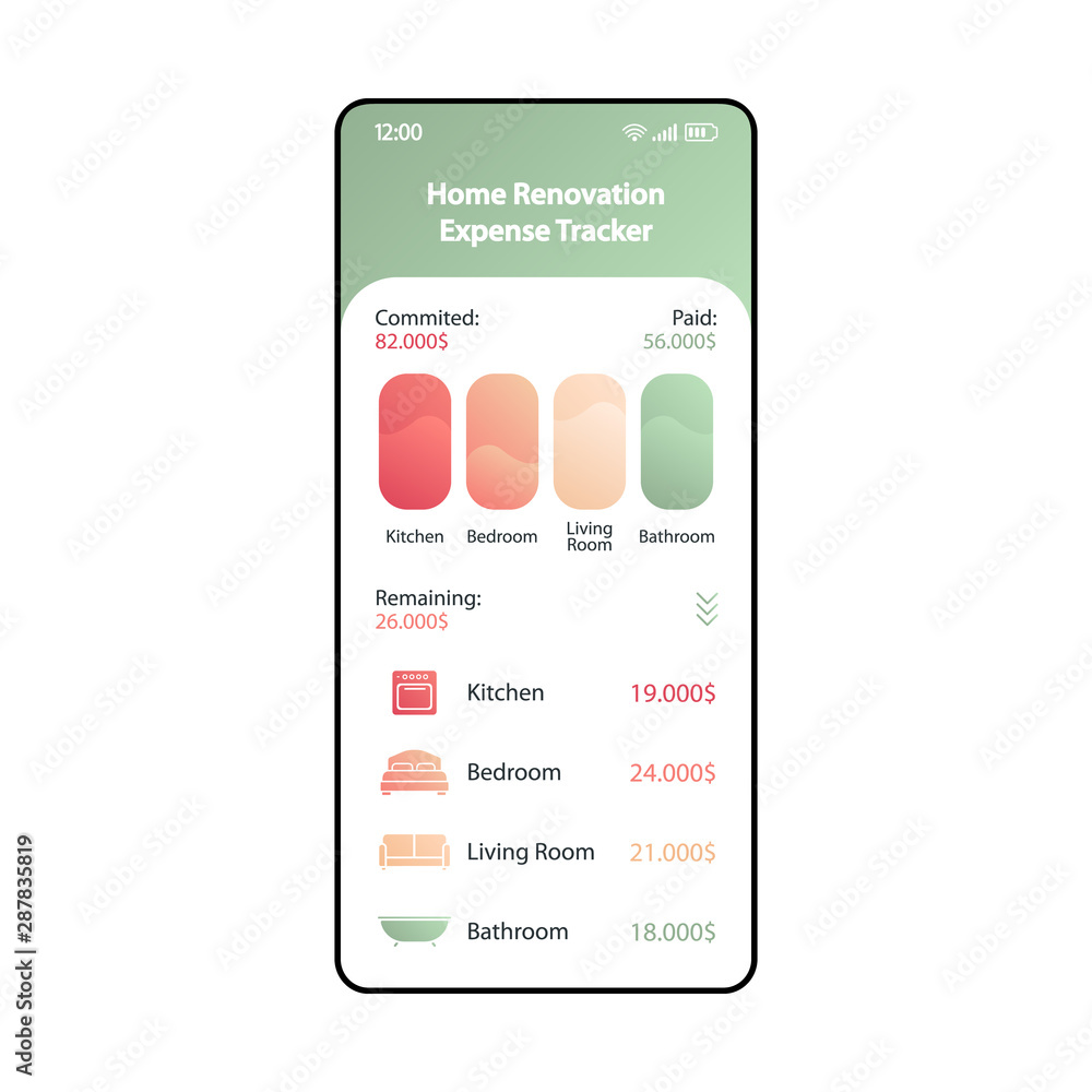 Aufkleber renovation budget tracker smartphone interface vector template. mobile expense tracking app page mod