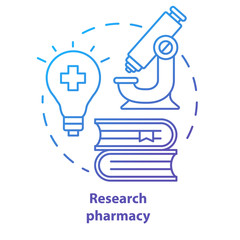 Pharmacy concept icon. Pharmaceutical research idea thin line illustration. New drugs, treatment methods discovery. Developing, improving medication. Vector isolated outline drawing