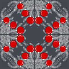 Collage from a picture. Gray coniferous fir branch on a dark background, decorated with red Christmas glass toys in the form of balls.