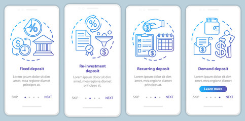 Savings, deposit investment onboarding mobile app page screen vector template. Different deposit types. Walkthrough website steps with linear illustrations. UX, UI, GUI smartphone interface concept