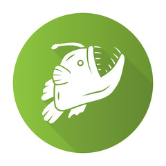 Anglerfish green flat design long shadow glyph icon. Swimming goosefish. Underwater world. Ocean monster, undersea animal with open mouth. Marine predator. Vector silhouette illustration