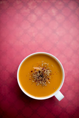 Creamy pumpkin squash vegetable soup in a white cup on red background