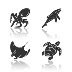 Underwater world drop shadow black glyph icons set. Swimming octopus, squid, turtle, whale. Ocean animals, undersea wildlife. Marine fauna. Aquatic creatures. Isolated vector illustrations
