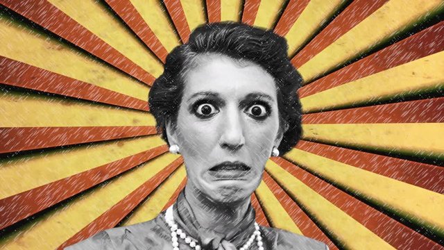 A weird unsettling collage of an astonished lady (old-style makeup and dress) over a circus pattern (rotating red and yellow stripes, stitch style).