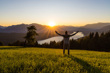Fototapeta premium Wonderful Sunset Landscape Panorama With View To Lake Millstatt In Carinthia Austria