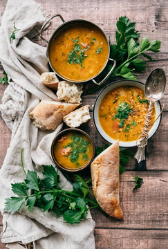 Top angle view of soup and bread