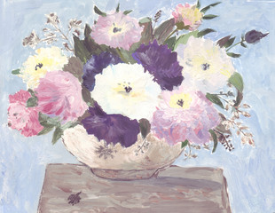 A large vase with multi-colored voluminous peonies standing on the table. Paint illustration
