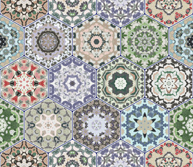 A rich set of hexagonal ceramic tiles. Colorful elements in oriental style. Vector illustration.