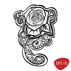 beautiful roses composition with leafs and tracery doodle , black outline line art isolated on white. vector illustration