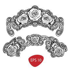 beautiful roses composition with leafs and tracery doodle , black outline line art isolated on white. vector illustration