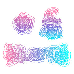 roses frame round border with leafs and mehndi black and white  doodle ornament hand drawn, vector banner illustration backgrownd