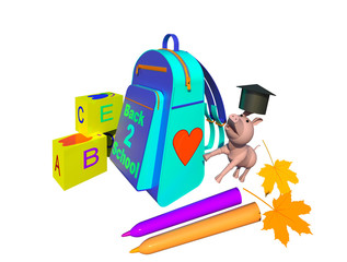 Back to school 3D illustration 3. Backpack and yellow learning toy blocks with letters and symbols, a piglet character jumping to reach his student hat, colorful markers and autumn leaves. Collection.
