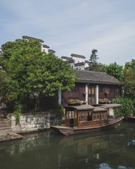 Chinese houses and boats in old town of Nanxun, China