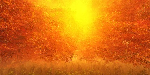 Panorama of the autumn landscape. Autumn park at sunset. Autumn trees in the fog. Banner. 3d rendering.