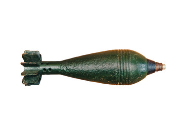 A mortar bomb 82 mm. Green shell of the second world war. On white background. In isolation.