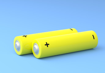 Two yellow AA size batteries isolated on blue background in pastel colors. Alkaline battery. Minimal concept. 3d render illustration