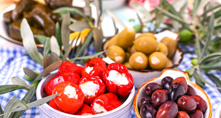Traditional appetizers, green and red olives from Greek cuisine. Fresh branches of olives. Copy space. Blue checkered tablecloth.