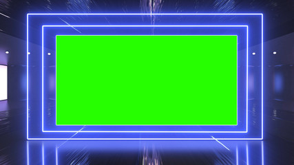 Abstract creative metal stage and led, neon blank billboard, border. Video mock up for advertisement, green screen alpha channel and tracking markers.