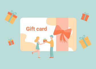 Gift card and promotion, discount coupon and gift certificate concept. Man and woman characters. Vector isolated concept illustration with tiny people and presents.