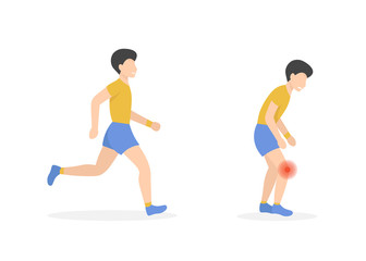 Athlete gets injured while running, sore knee. Flat vector male character isolated on white background.