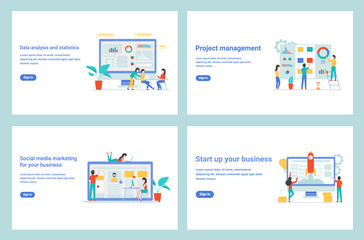 Set of flat design concept marketing for banner and website, landing page template. Content analysis and statistics, project management, start up business and social media marketing pages.