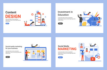 Obraz na płótnie Canvas Content design, social media marketing for your business, investment in education. Set flat concept vector modern illustrations for landing page, web, poster, banner, flyer, layout, template, site.