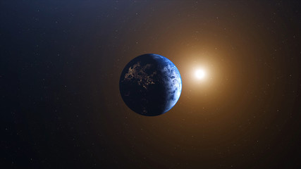 Obraz na płótnie Canvas World and sun realistic 3D rendering. Shiny sunlight over Planet Earth, cosmos, atmosphere. Shot from Space satellite