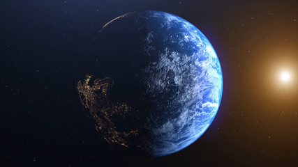 Obraz na płótnie Canvas World and sun realistic 3D rendering. Shiny sunlight over Planet Earth, cosmos, atmosphere. Shot from Space satellite