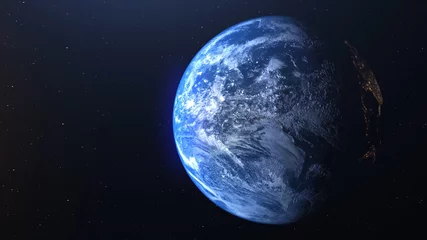 Photo sur Plexiglas Pleine Lune arbre Rendu 3D réaliste du monde et du soleil. Soleil brillant sur la planète Terre, cosmos, atmosphère. Tiré du satellite spatial