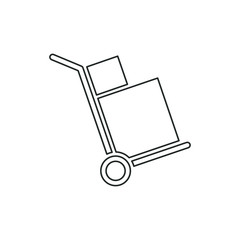Handcart icon with a box. Wheelbarrow for transportation of cargo. Vector illustration